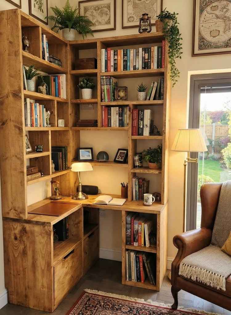 Rustic Corner Bookshelf with Built-In Home Office Desk