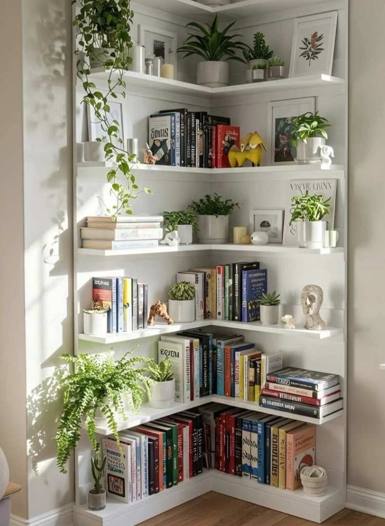 Sunlit White Corner Bookshelf with Indoor Plants