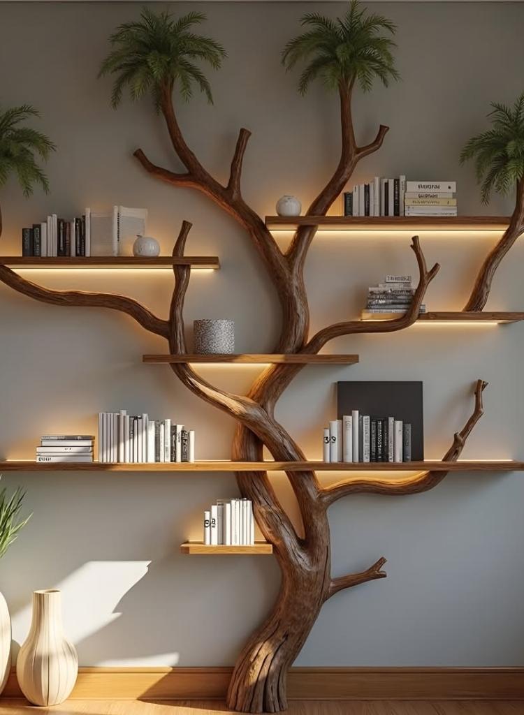 Tree-Inspired Corner Bookshelf Wall Design